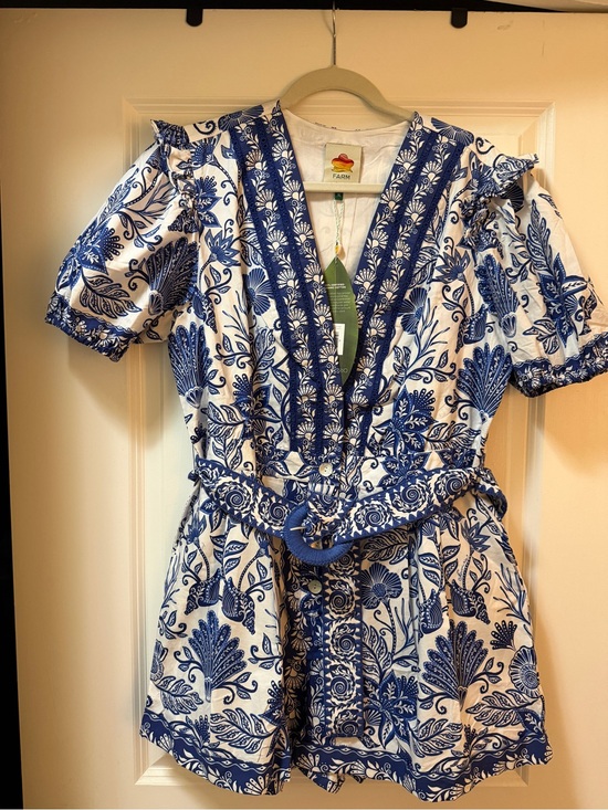 FARM Rio Pants - FARM Rio Shell Garden Off White Blue and White Romper